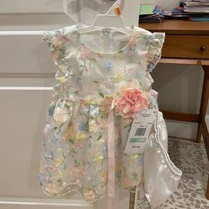 Rare Editions Ivory Dress with Pastel Floral Embroidery